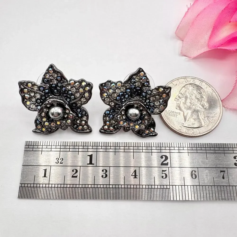 Vintage Joan Rivers Elegance In Bloom Black Pave Orchid Pierced Earrings Signed